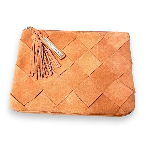 LOEFFLER RANDALL Chestnut Brown Woven Suede Logo Tassel Clutch 11 x 8 - Picture 1 of 9